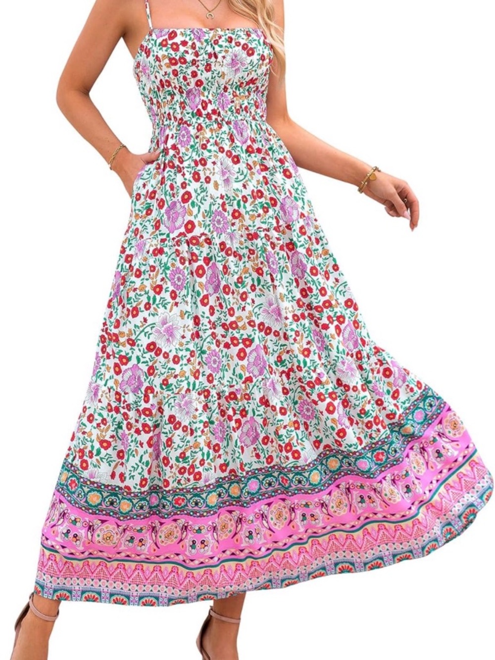 Floral Pink Border Maxi Sundress - Brand: